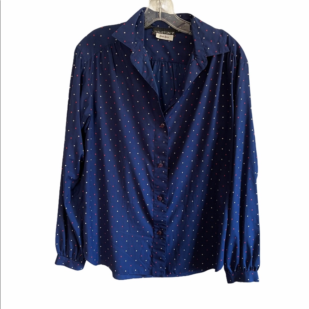 70’s Vintage Halston Navy Polka Dot Skirt Suit Set - Picture 5 of 11